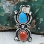 Italian Coral & Kingman Turquoise 1.5" 925 Sterling Silver Pendant (REXT20-236)