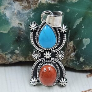 Italian Coral & Kingman Turquoise 1.5" 925 Sterling Silver Pendant (REXT20-236)