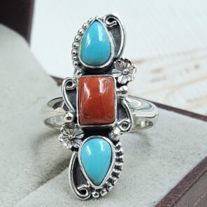 Italian Coral & Kingman Turquoise 925 Sterling Silver Ring (REXT20-235)