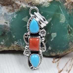 Italian Coral & Kingman Turquoise 1.5" 925 Sterling Silver Pendant (REXT20-240)