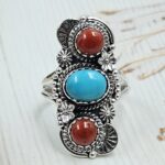 Italian Coral & Kingman Turquoise 925 Sterling Silver Ring (REXT20-234)