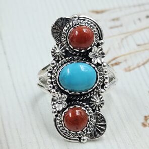 Italian Coral & Kingman Turquoise 925 Sterling Silver Ring (REXT20-234)