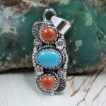 Italian Coral & Kingman Turquoise 1.5" 925 Sterling Silver Pendant (REXT20-241)