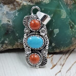 Italian Coral & Kingman Turquoise 1.5" 925 Sterling Silver Pendant (REXT20-241)
