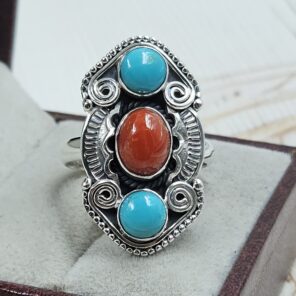Italian Coral & Kingman Turquoise 925 Sterling Silver Ring (REXT20-233)