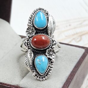 Italian Coral & Kingman Turquoise 925 Sterling Silver Ring (REXT20-232)