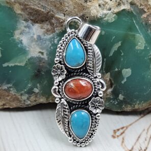Italian Coral & Kingman Turquoise 1.5" 925 Sterling Silver Pendant (REXT20-243)