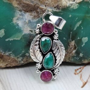 Emerald & Ruby 1.25" 925 Sterling Silver Pendant (REXT20-197)