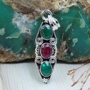 Ruby And Emerald 1.5" 925 Sterling Silver Pendant (REXT20-218)