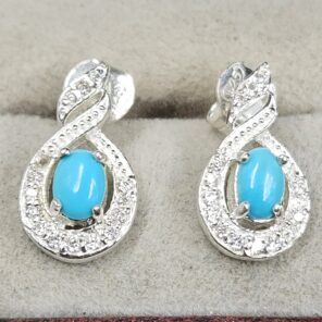 Moissanite Diamond & Kingman Turquoise 925 Sterling Silver Stud Earring (REXT12-85)