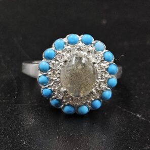 Moissanite Diamond, Kingman Turquoise & Labradorite 925 Sterling Silver Ring (REXT9-21)