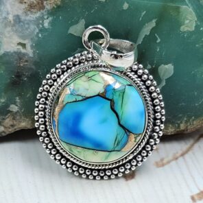 Peacock Dahlia Turquoise 1.25" 925 Sterling Silver Pendant (RS85-13)