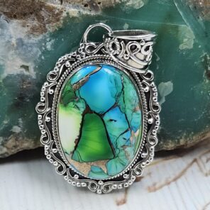 Peacock Dahlia Turquoise 1.25" 925 Sterling Silver Pendant (RS85-4)