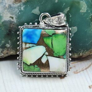 Peacock Dahlia Turquoise 1.25" 925 Sterling Silver Pendant (RS85-17)