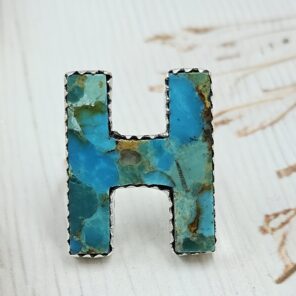 “H” Alphabet Mohave Turquoise 925 Sterling Silver Ring (RS79-37)