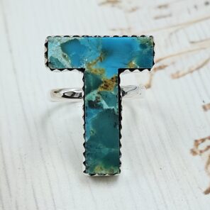 “T” Alphabet Mohave Turquoise 925 Sterling Silver Ring (RS79-28)