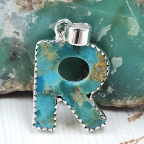 “R” Alphabet Mohave Turquoise 1.25″ 925 Sterling Silver Pendant (RS79-18)