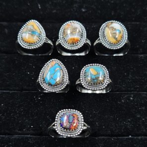 6 PCS Bulk Lot Spiny Oyster Turquoise 925 Sterling Silver Rings (REXT149-21)