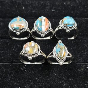 5 PCS Bulk Lot Spiny Oyster Turquoise 925 Sterling Silver Rings (REXT149-29)