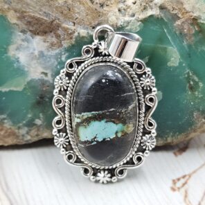 Black Jack Turquoise 1.25" 925 Sterling Silver Pendant (RS41-422)