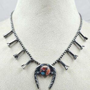 Pink Dahlia Turquoise Navajo Bead Squash Blossom Necklace (REXT3-176)