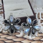 Black Onyx & Rainbow Moonstone 925 Sterling Silver Flower Cluster Earring (REXT158-2)