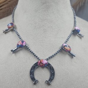 Pink Dahlia Turquoise Navajo Bead Squash Blossom Necklace (REXT3-191)