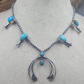 Kingman Turquoise Navajo Bead Squash Blossom Necklace (REXT3-193)