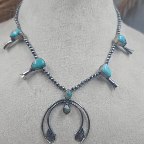 Kingman Turquoise Navajo Bead Squash Blossom Necklace (REXT3-192)