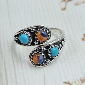 Pink Dahlia & Kingman Turquoise 925 Sterling Silver ADJ Ring (REXT34-42)