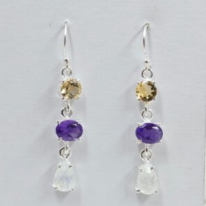Amethyst , Citrine & Rainbow Moonstone 925 Sterling Silver Earrings (REXT60-149)