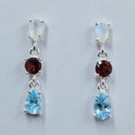 Blue Topaz , Garnet & Rainbow Moonstone 925 Sterling Silver Earrings (REXT60-155)