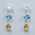 Blue Topaz , Citrine & Rainbow Moonstone 925 Sterling Silver Earrings (REXT60-153)