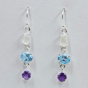 Amethyst , Blue Topaz & Rainbow Moonstone 925 Sterling Silver Earrings (REXT60-147)
