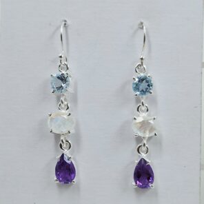 Amethyst , Blue Topaz & Rainbow Moonstone 925 Sterling Silver Earrings (REXT60-148)