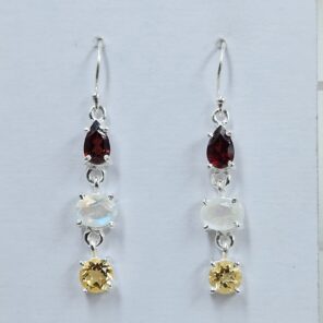 Garnet , Citrine & Rainbow Moonstone 925 Sterling Silver Earrings (REXT60-152)