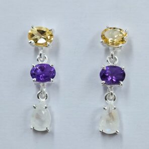 Amethyst , Citrine & Rainbow Moonstone 925 Sterling Silver Earrings (REXT60-150)