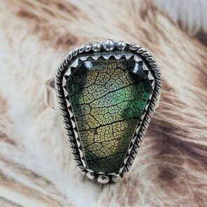 Aurora Opal Leaf Size US 6 925 Sterling Silver Ring (REXT165-29)