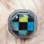 Black Onyx & Aurora Opal Checkerboard Size US 10 925 Sterling Silver Ring (REXT49-462)
