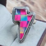 Aurora Opal Lightning Bolt Checkerboard Size US 10 925 Sterling Silver Ring (REXT49-463)