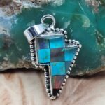 Aurora Opal & Kingman Turquoise Checkerboard lightning Bolt 1.5" 925 Sterling Silver Pendant (REXT95-207)