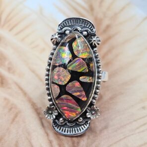 Aurora Opal & Black Onyx Size US 9 925 Sterling Silver Ring (REXT107-85)