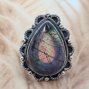 Aurora Opal Leaf Size US 8 925 Sterling Silver Ring (REXT49-395)