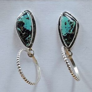 Black Jack Turquoise 1.25" 925 Sterling Silver Hoop Earrings (REXT62-338)