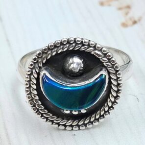 Aurora Opal Crescent Moon Size US 8 925 Sterling Silver Ring (REXT79-220)