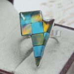 Aurora Opal & Kingman Turquoise Lightning Bolt Size US 10" 925 Sterling Silver Ring (RS107-287)