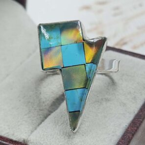 Aurora Opal & Kingman Turquoise Lightning Bolt Size US 10" 925 Sterling Silver Ring (RS107-287)