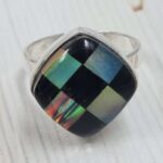 Aurora Opal & Black Onyx Checkerboard Size US 9" 925 Sterling Silver Ring (RS107-276)
