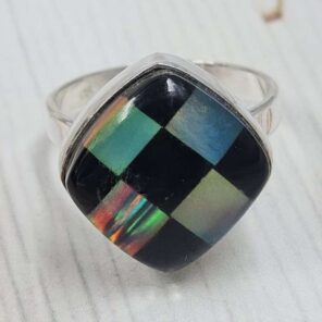 Aurora Opal & Black Onyx Checkerboard Size US 9" 925 Sterling Silver Ring (RS107-276)