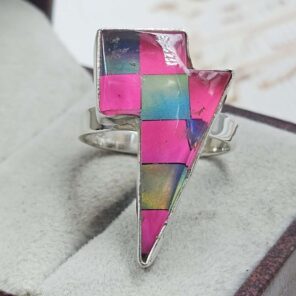Aurora Opal Lightning Bolt Checkerboard Size US 7" 925 Sterling Silver Ring (RS107-259)